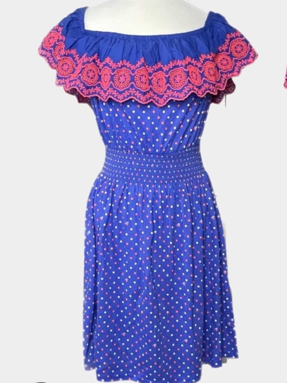 Lilly Pulitzer Royal Blue Polka Dot Off-Shoulder Dress with Pink Ruffle
